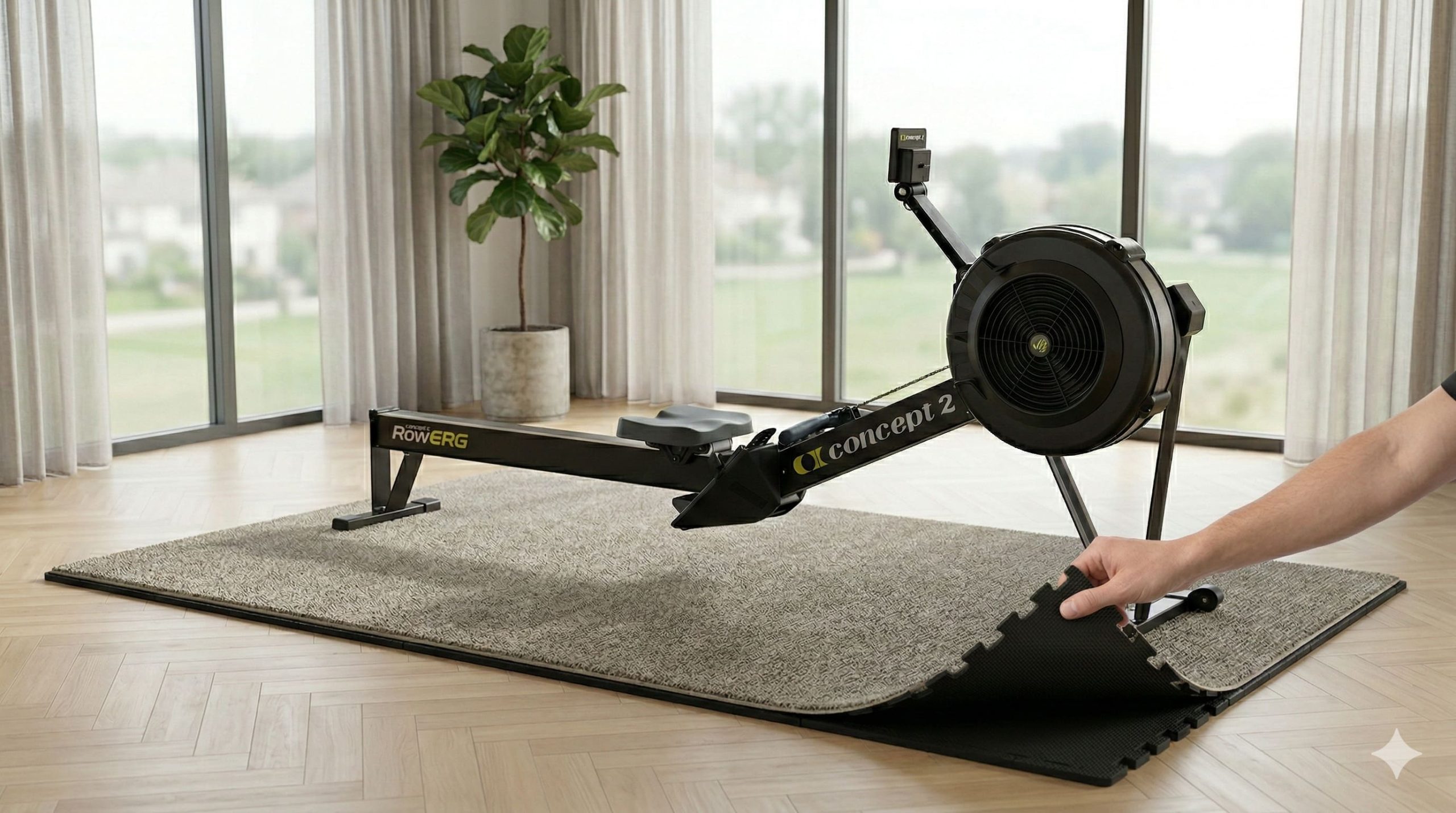 Installation de dalles amortissantes et tapis épais sous un rameur sur parquet — protection sol et vibrations