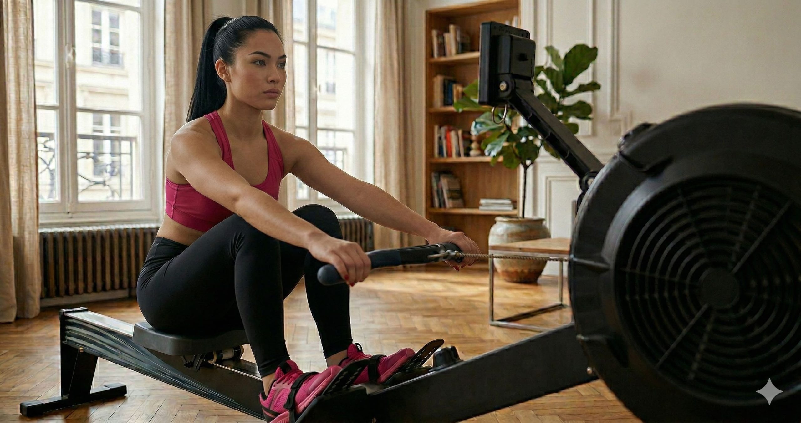 Séance d'entraînement sur Concept2 RowErg dans un salon — vue d'usage quotidien