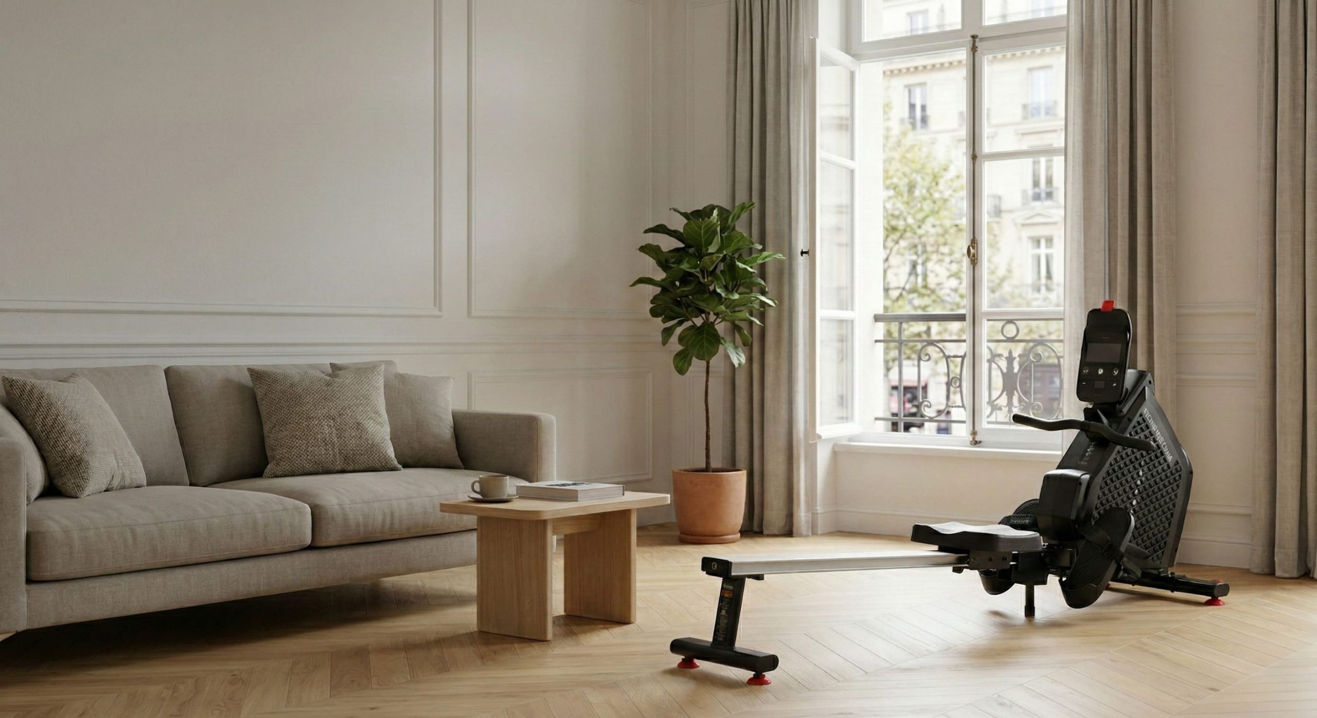 Rameur Domyos 500B installé dans un salon d'appartement