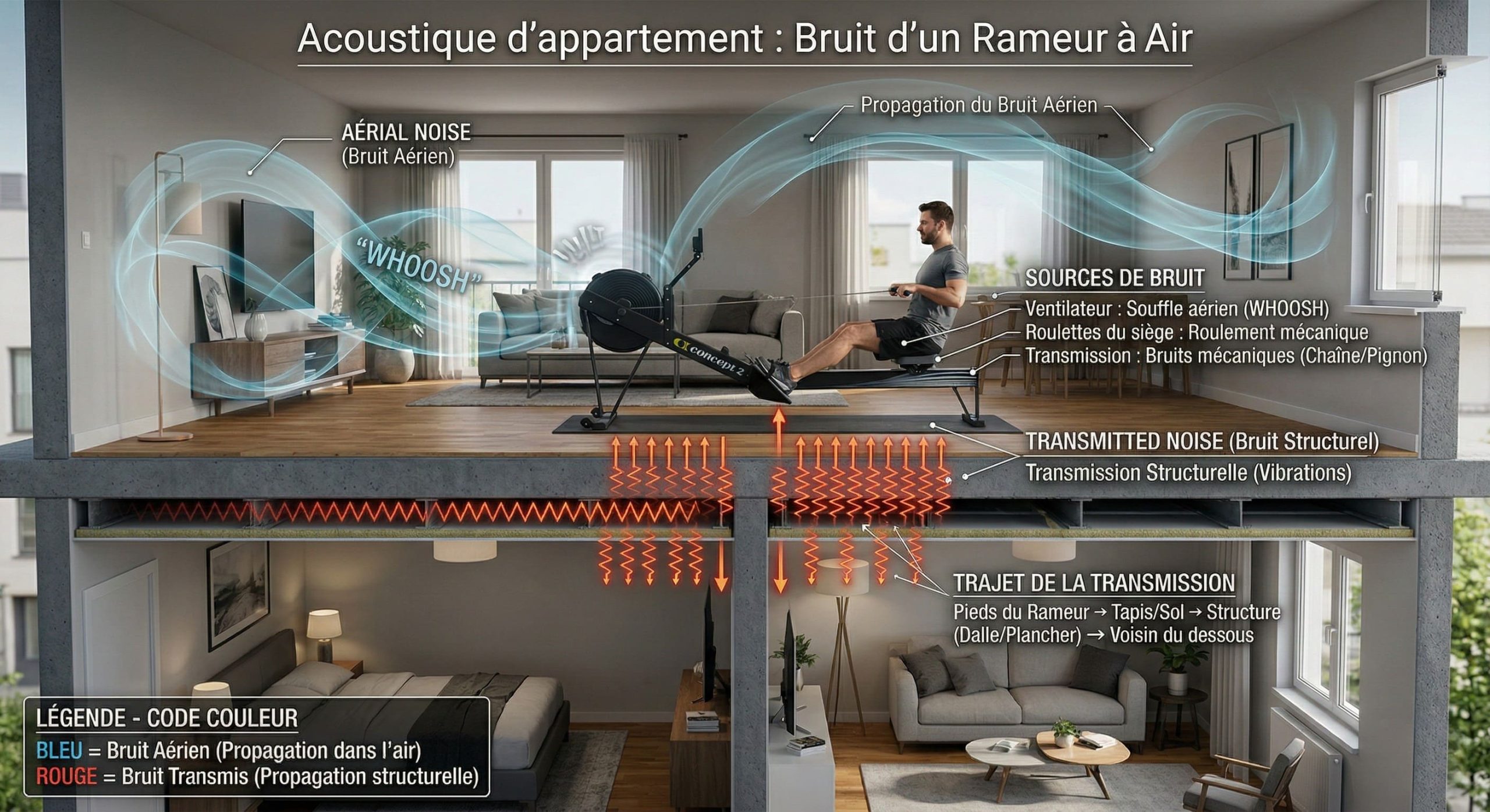 Schéma comparant bruit aérien (whoosh dans la pièce) et bruit transmis (vibrations dans le sol vers le voisin du dessous)