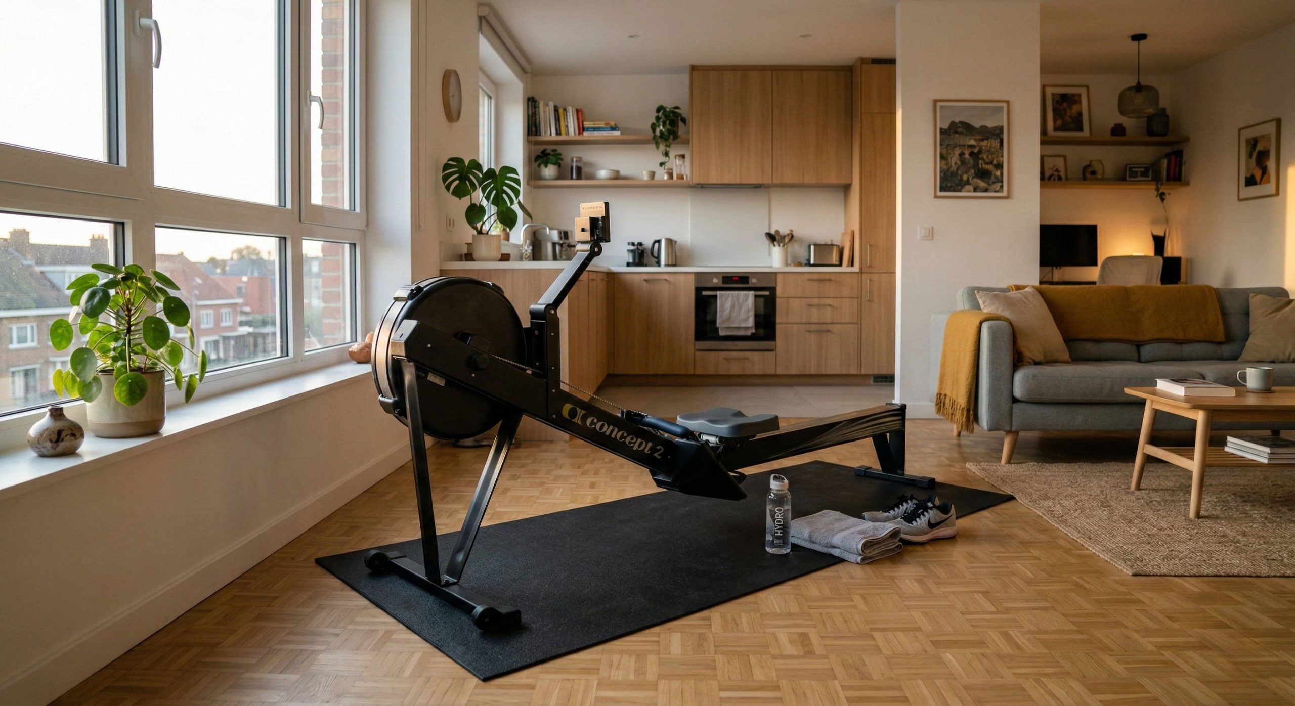 Rameur à air installé dans un salon d'appartement avec repères bruit aérien et vibrations sol