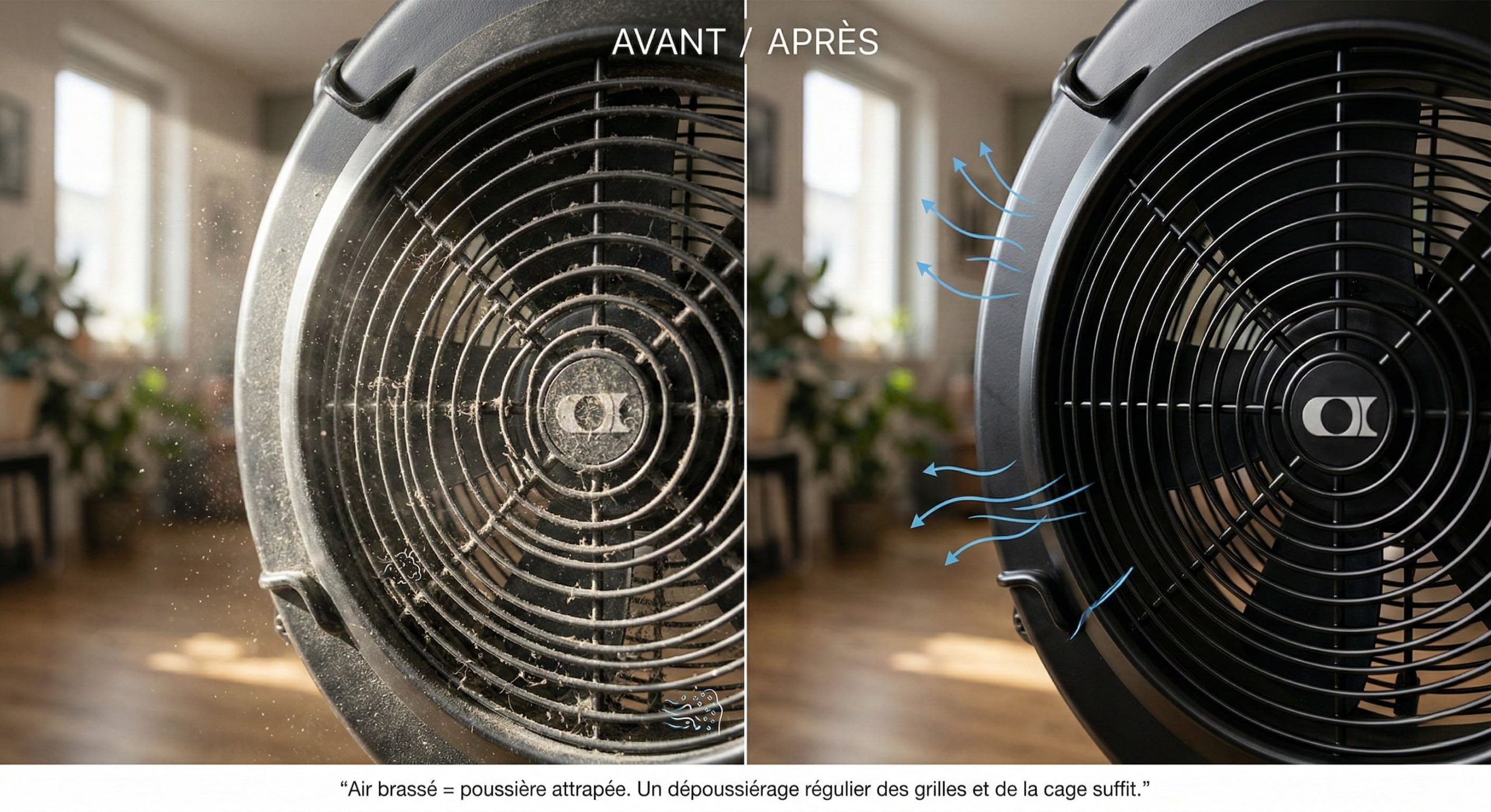 Poussière accumulée sur la grille et la cage du ventilateur d'un rameur à air en appartement