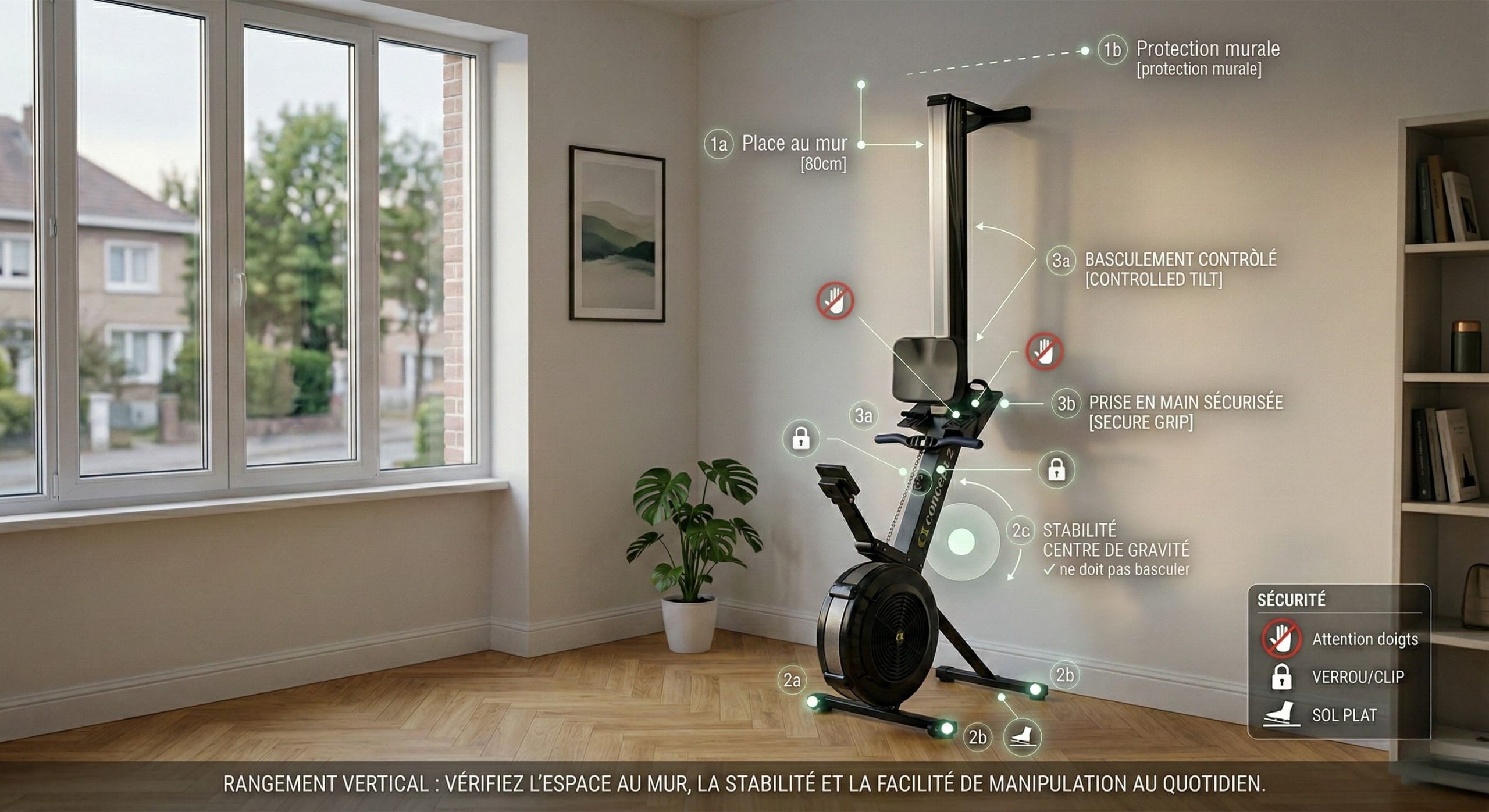 Rameur à air relevé verticalement contre un mur d'appartement avec repères : place au mur, stabilité, manipulation