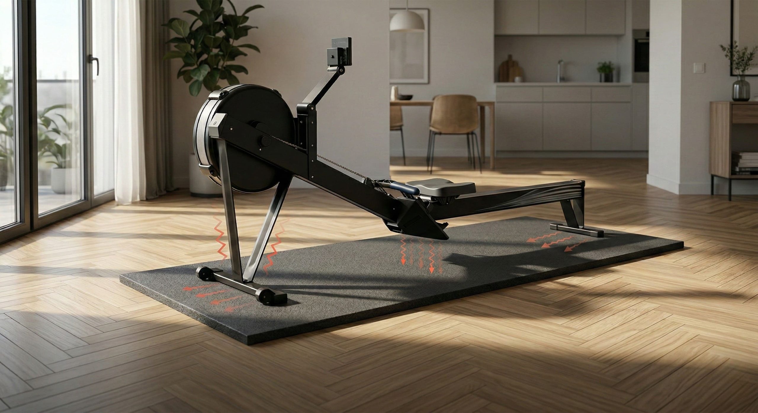 Tapis anti-vibration sous un rameur à air posé sur du parquet en appartement