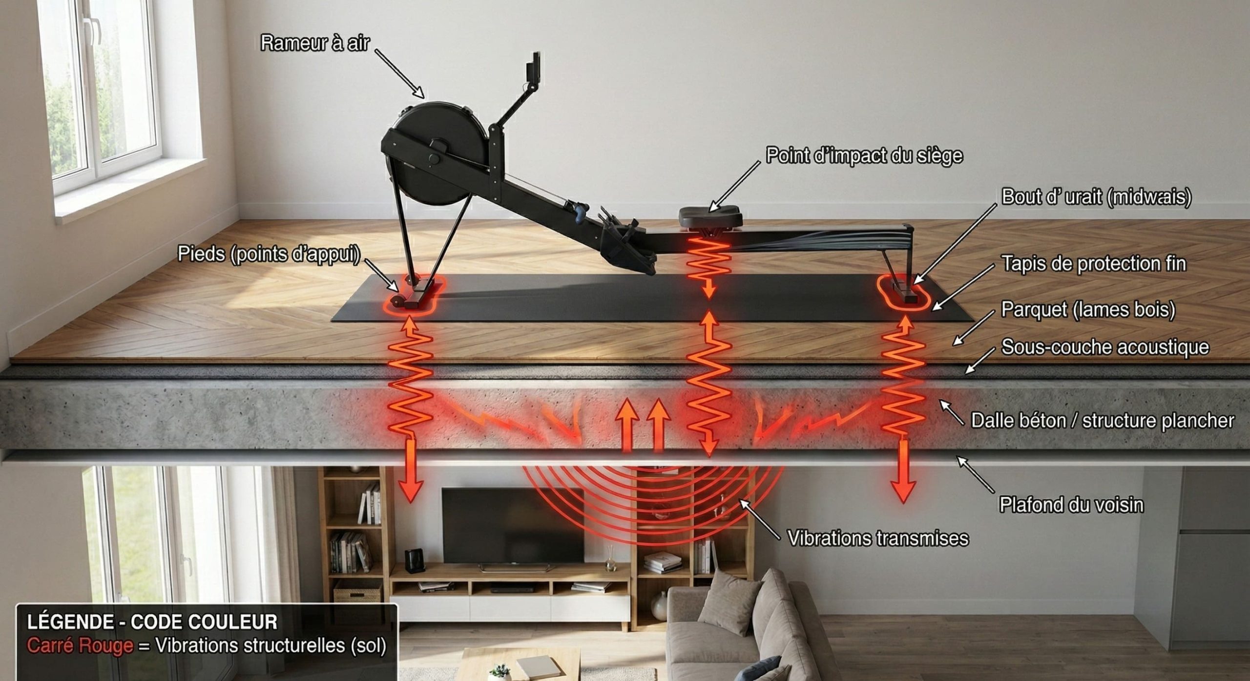 Schéma montrant la transmission des vibrations d'un rameur à air à travers le parquet vers le voisin du dessous