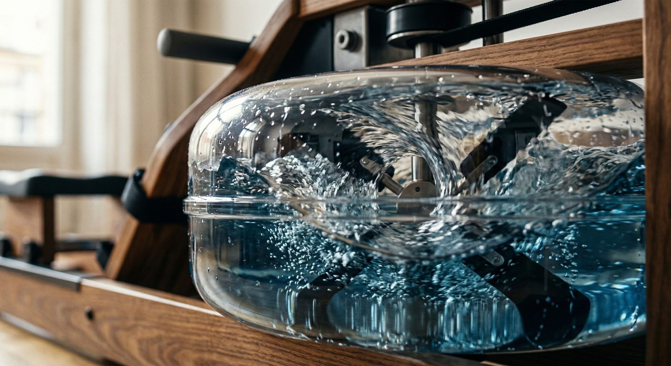 Mécanisme d'un rameur à eau : pales tournant dans la cuve remplie d'eau