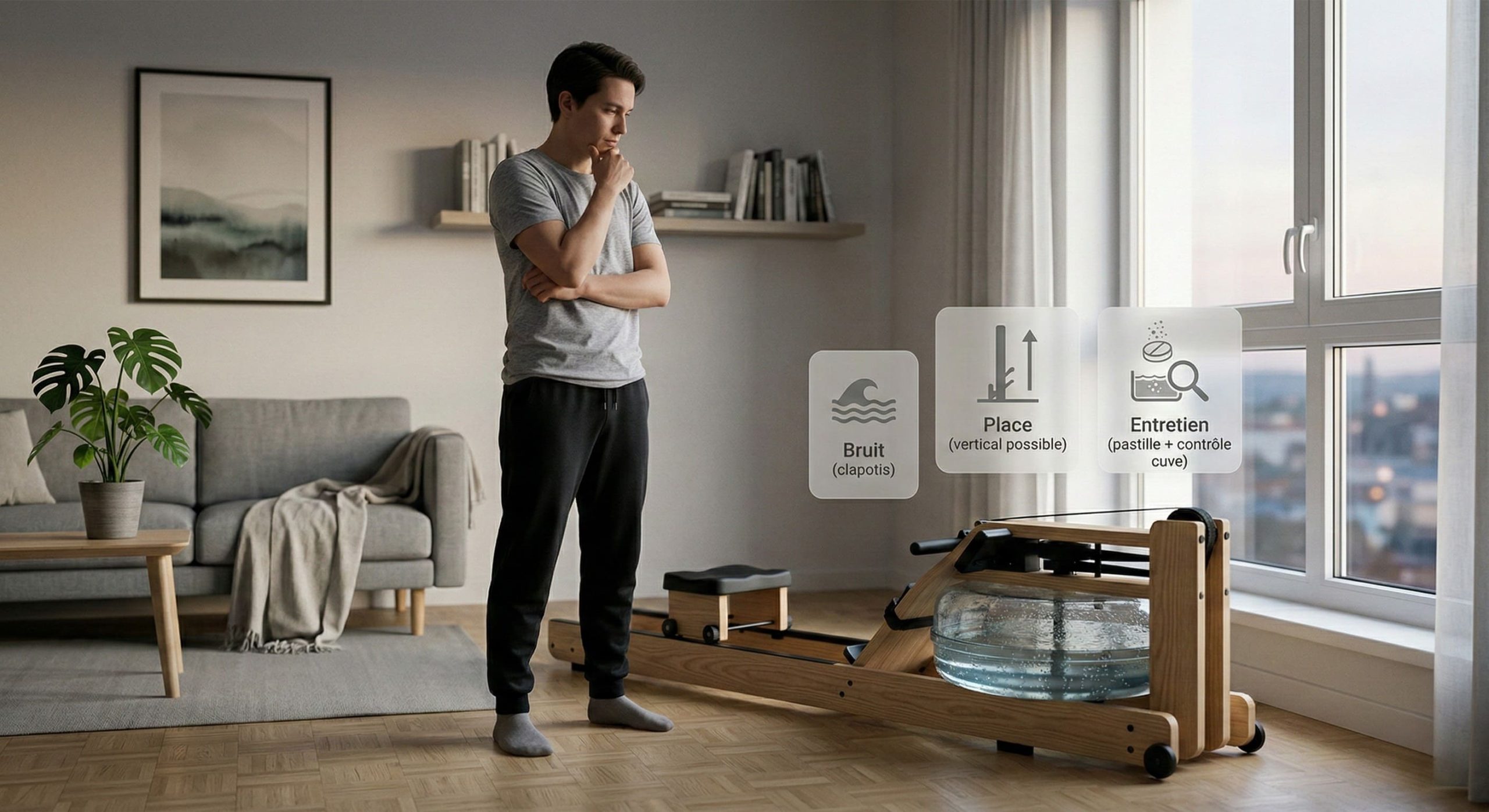 Personne réfléchissant devant un rameur à eau dans un salon d'appartement — aide à la décision