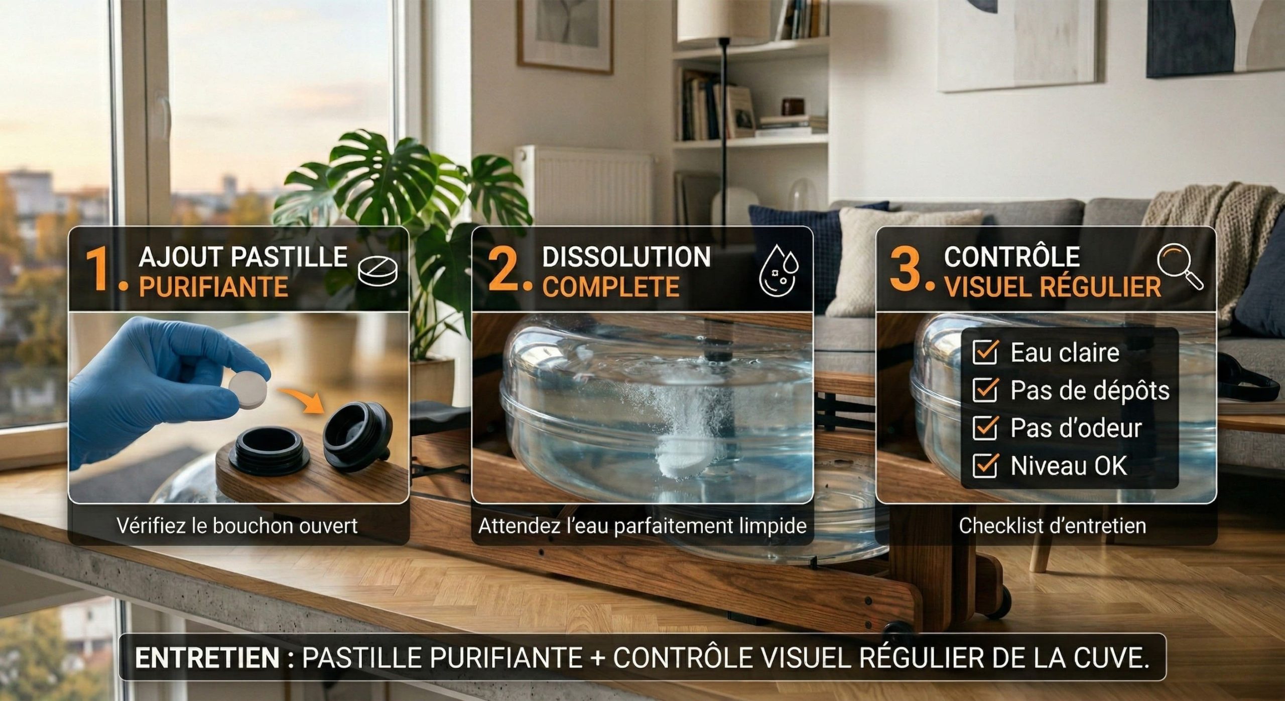 Entretien d'un rameur à eau : pastille purifiante et contrôle visuel de la cuve