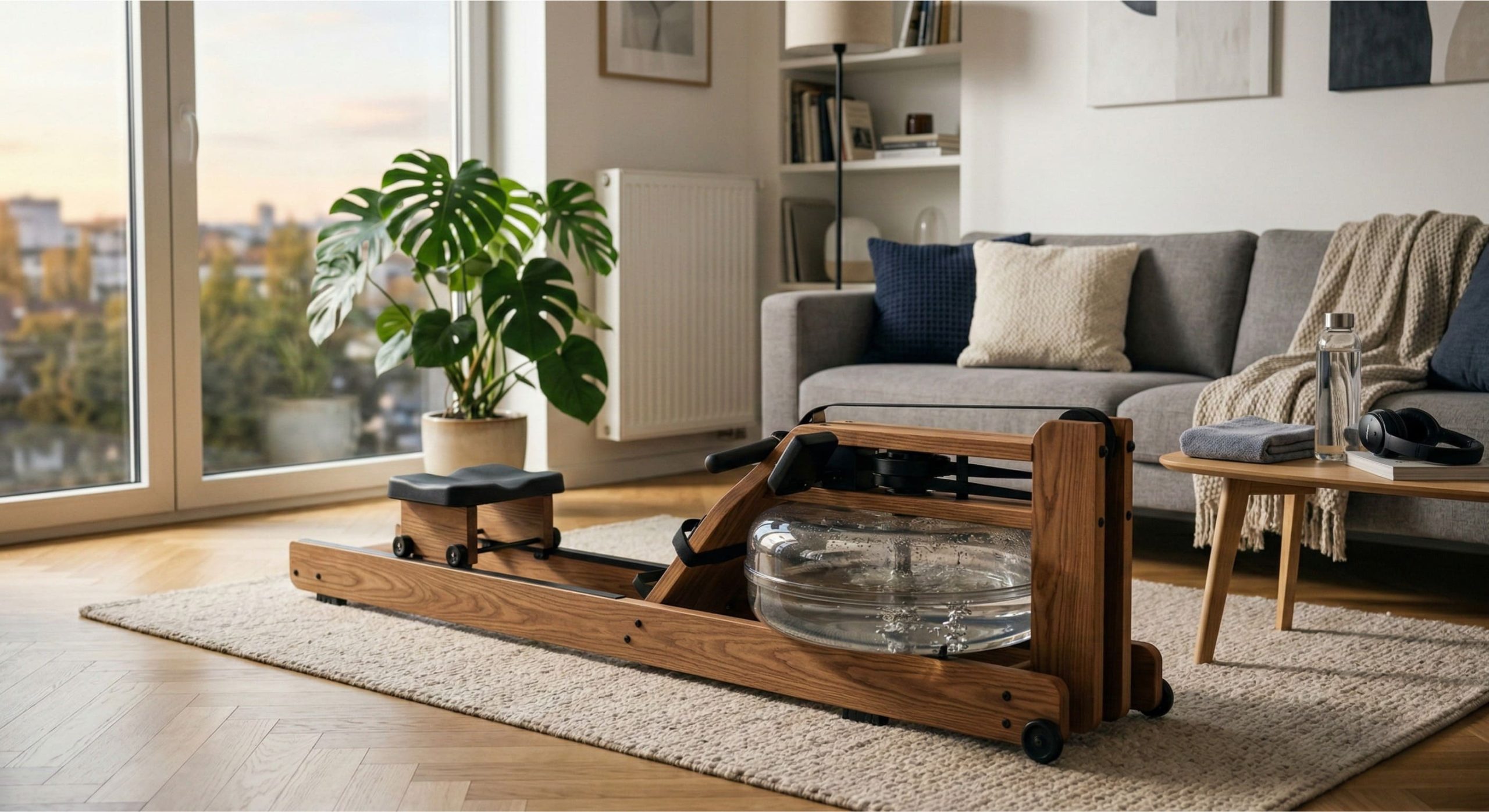Rameur à eau installé dans un salon d'appartement