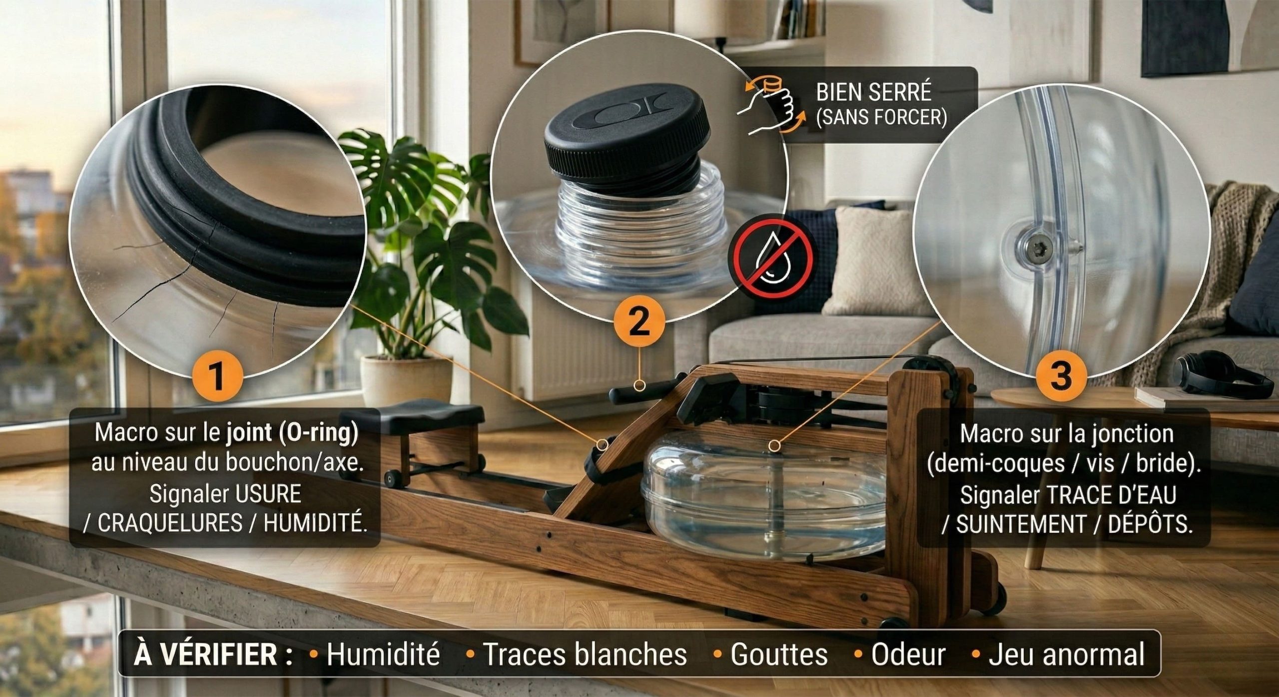 Zones à surveiller sur un rameur à eau : joints, bouchon et zone d'assemblage de la cuve