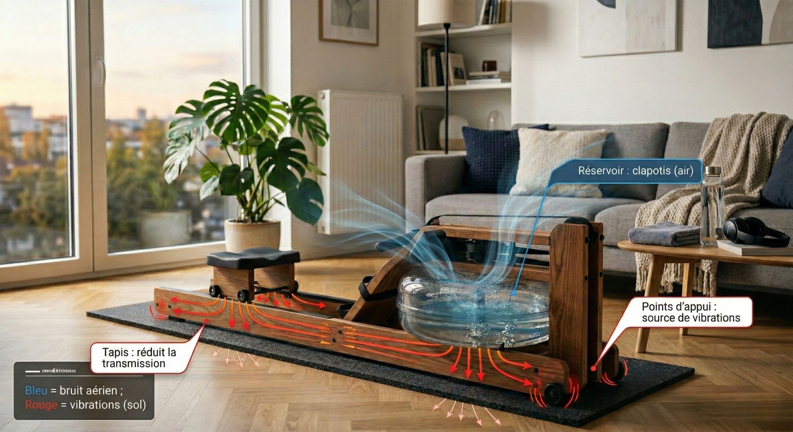 Rameur à eau posé sur un tapis anti-vibration — distinction bruit aérien et bruit transmis au sol