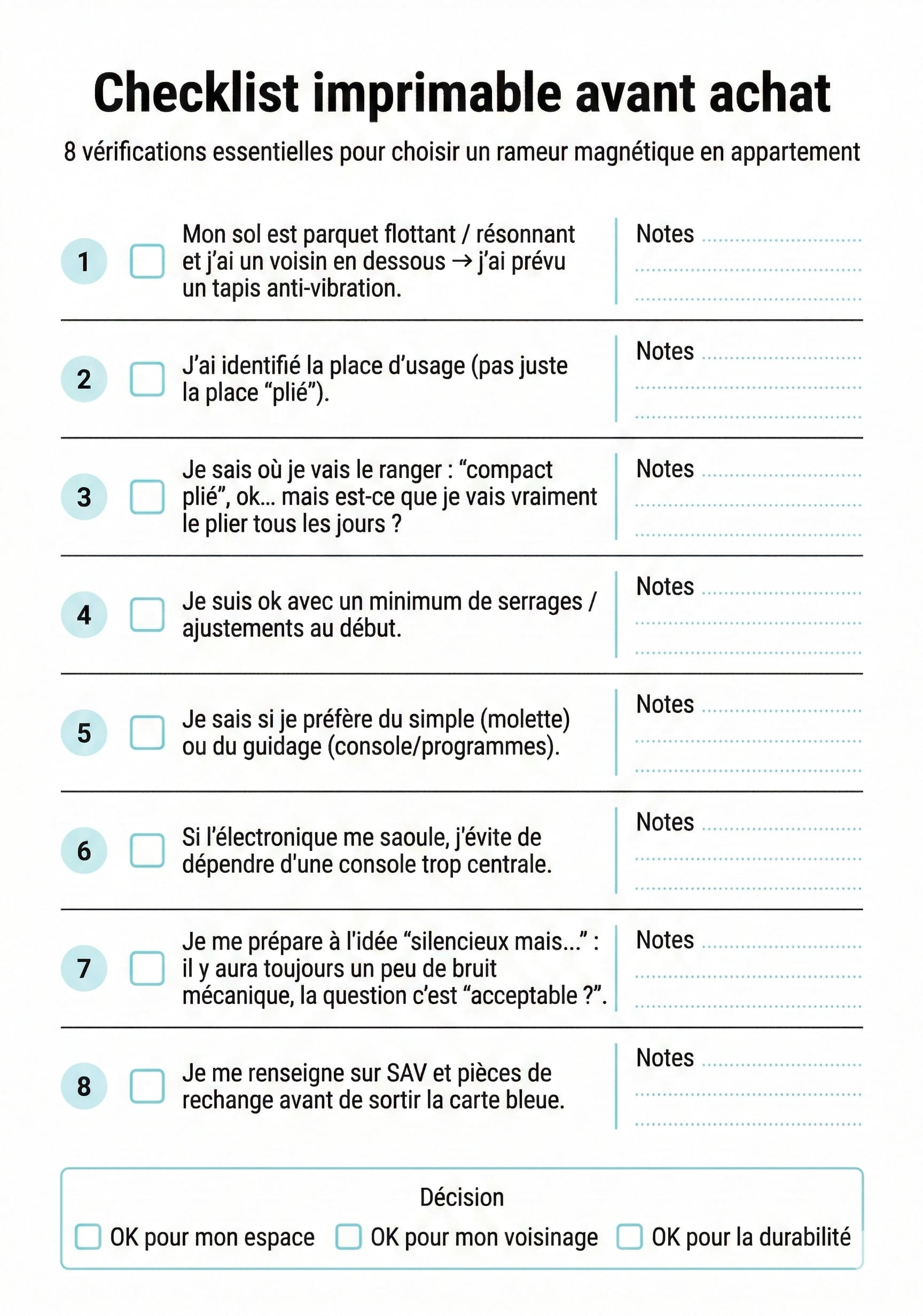 Checklist imprimable avant achat : 8 vérifications essentielles pour choisir un rameur magnétique en appartement