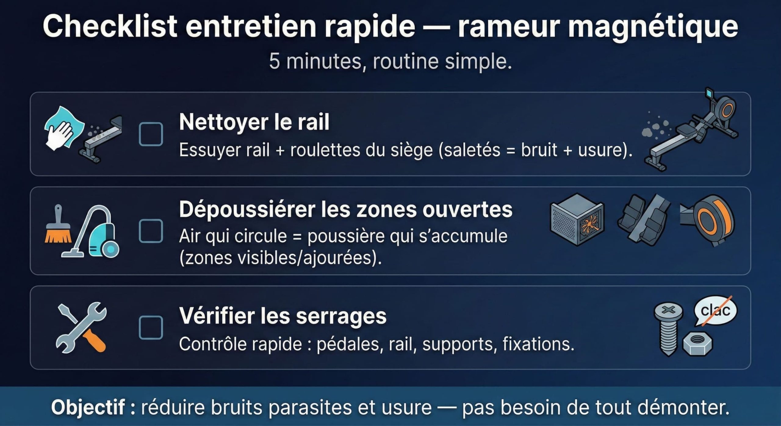Checklist entretien rapide d'un rameur magnétique : nettoyer le rail, dépoussiérer les zones ouvertes, vérifier les serrages