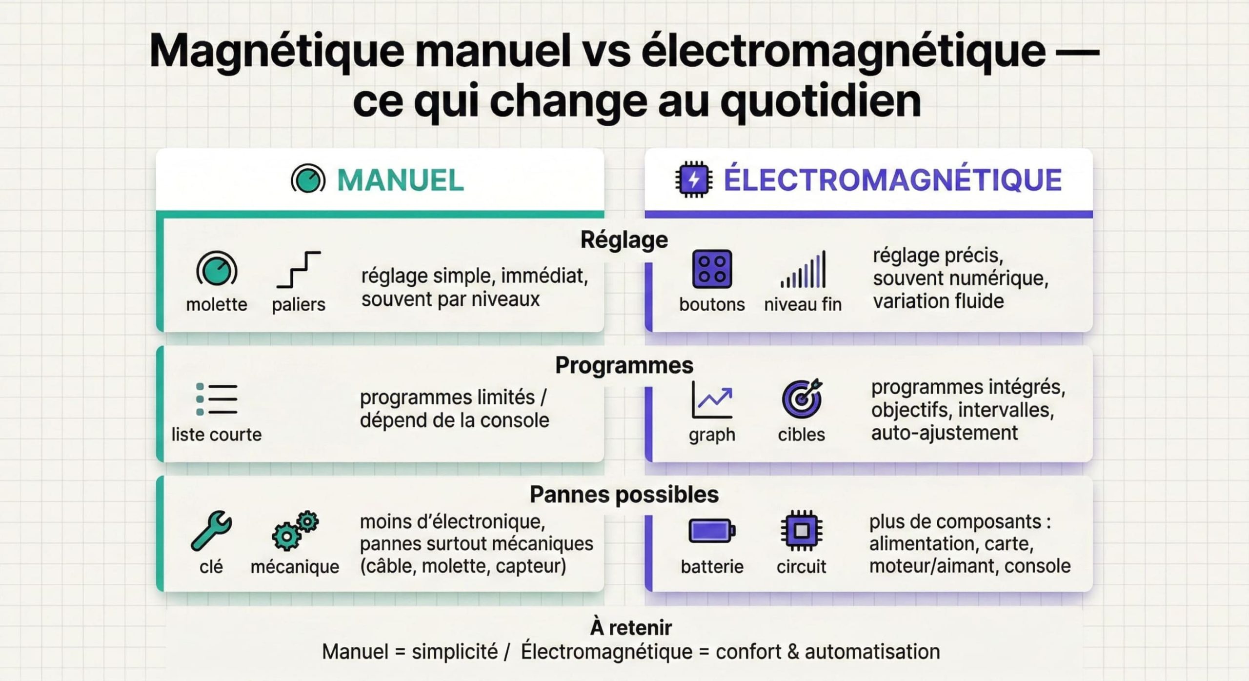 Infographie : magnétique manuel vs électromagnétique — ce qui change au quotidien en 3 blocs : réglage, programmes, pannes possibles