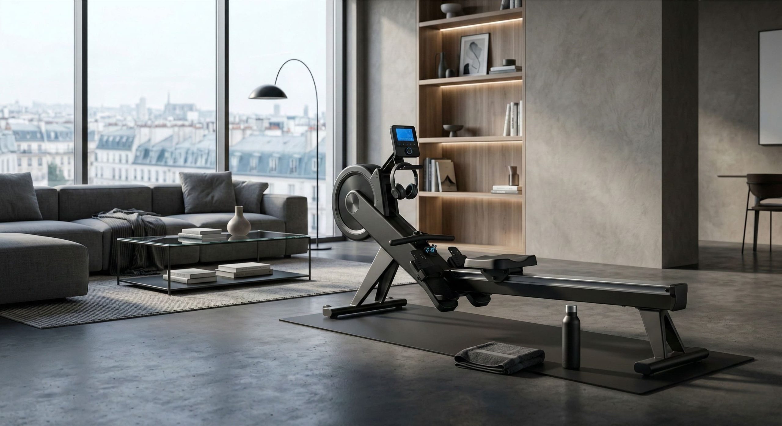 Rameur magnétique installé dans un salon d'appartement moderne, lumière naturelle