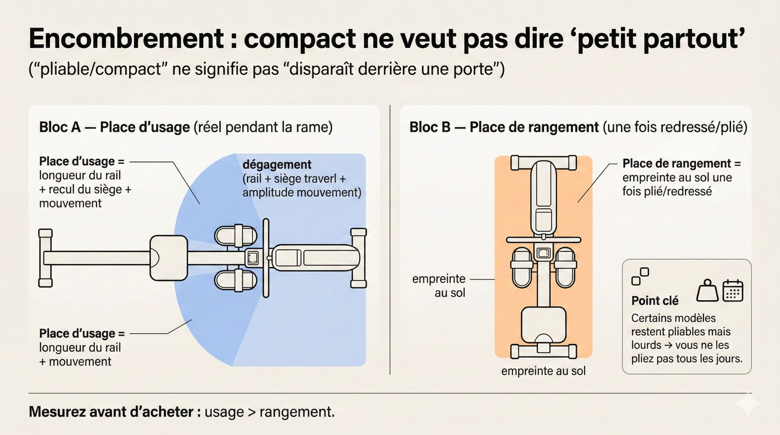 Illustration vue de dessus : place d'usage réelle pendant le rameur vs place de rangement une fois plié