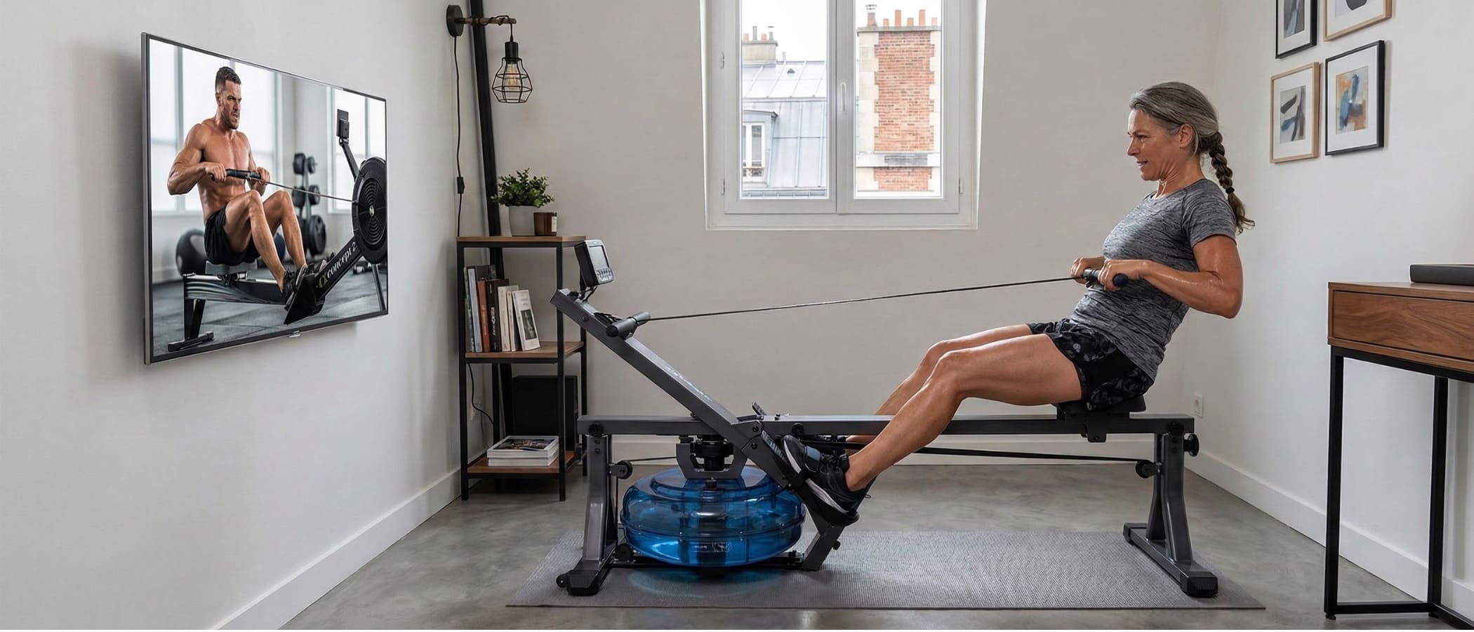 Rameur dans un salon d'appartement — cohabitation au quotidien