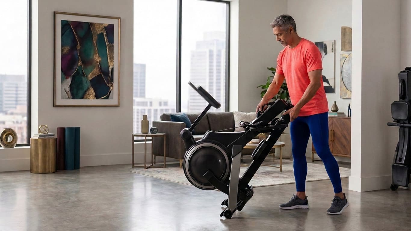 Rameur pliable rangé dans un appartement après une séance