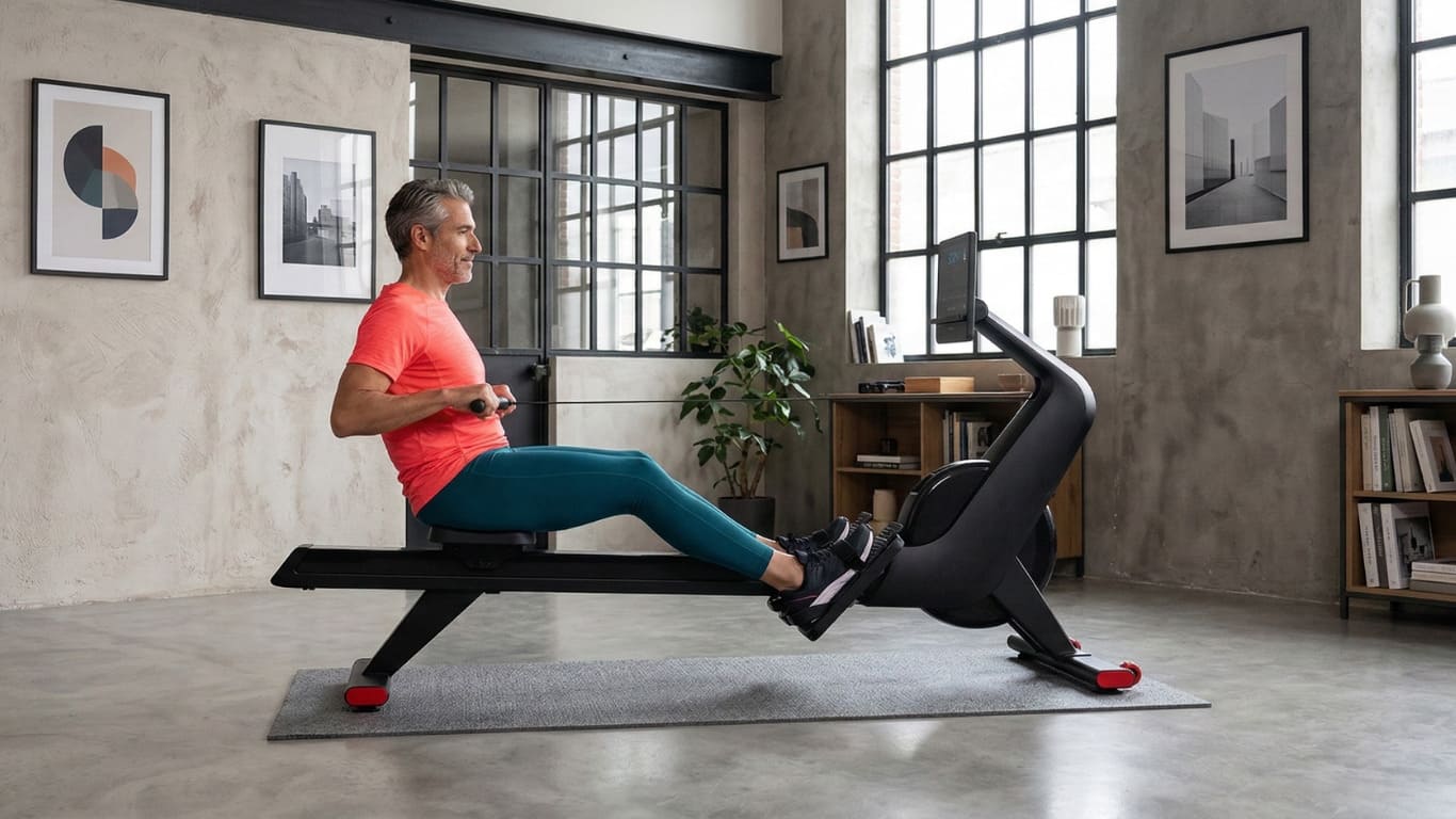 Rameur d'appartement installé sur un support dense, posé sur un parquet, dans une pièce meublée