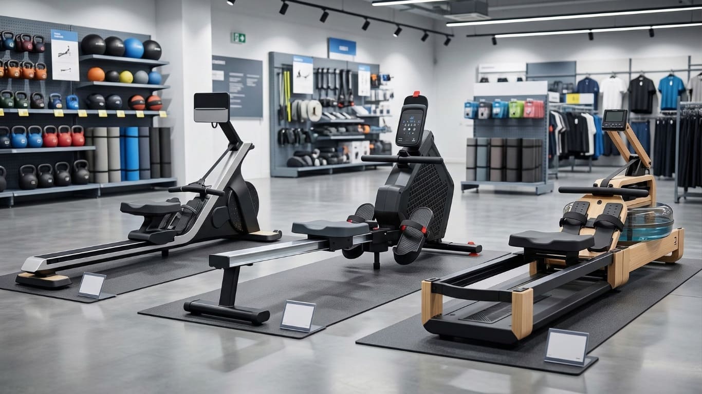 Rameur Domyos Decathlon installé dans un salon d'appartement