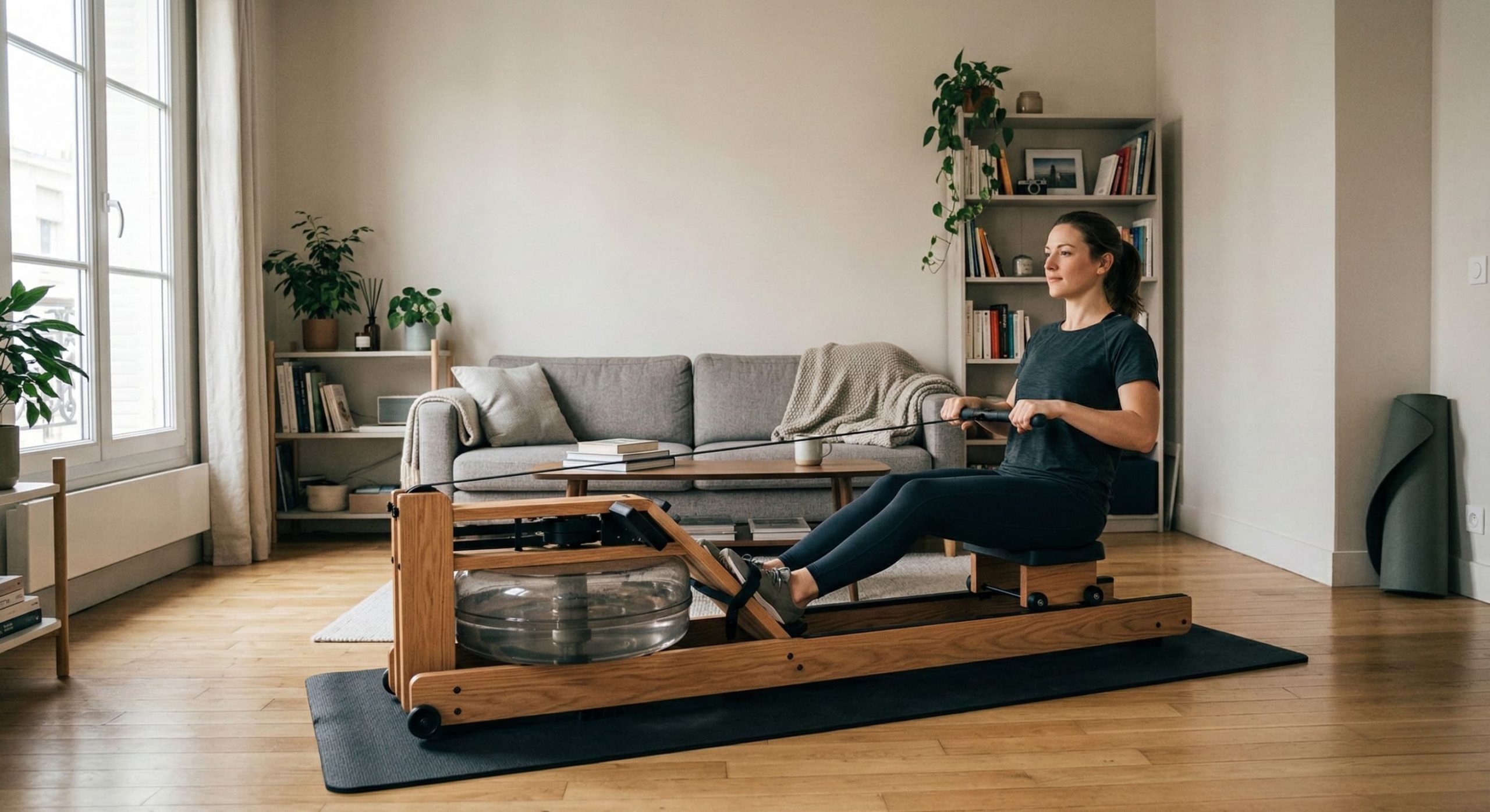Rameur d'appartement en utilisation dans un salon moderne