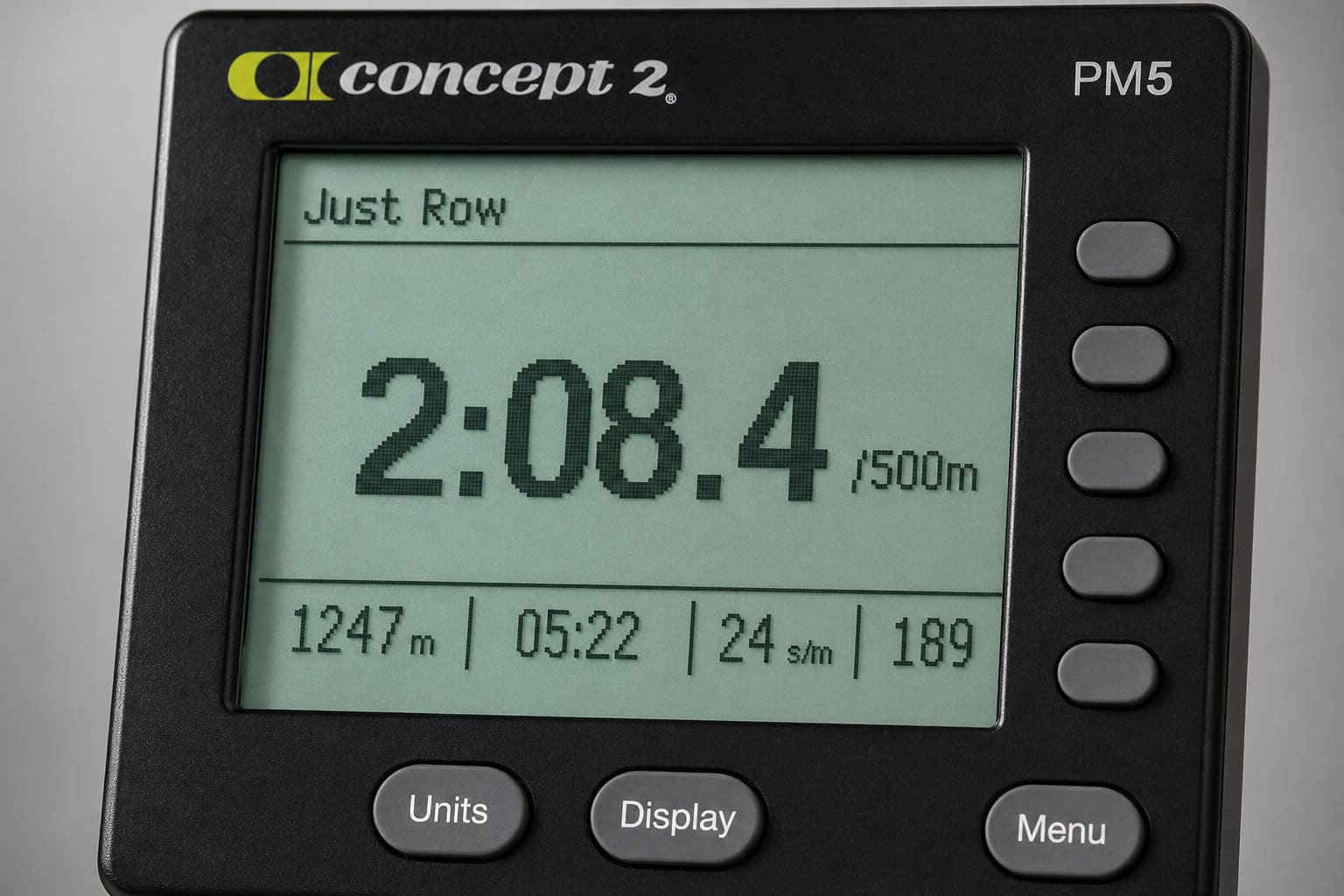Écran PM5 Concept2 affichant le mode Just Row avec split, distance et SPM