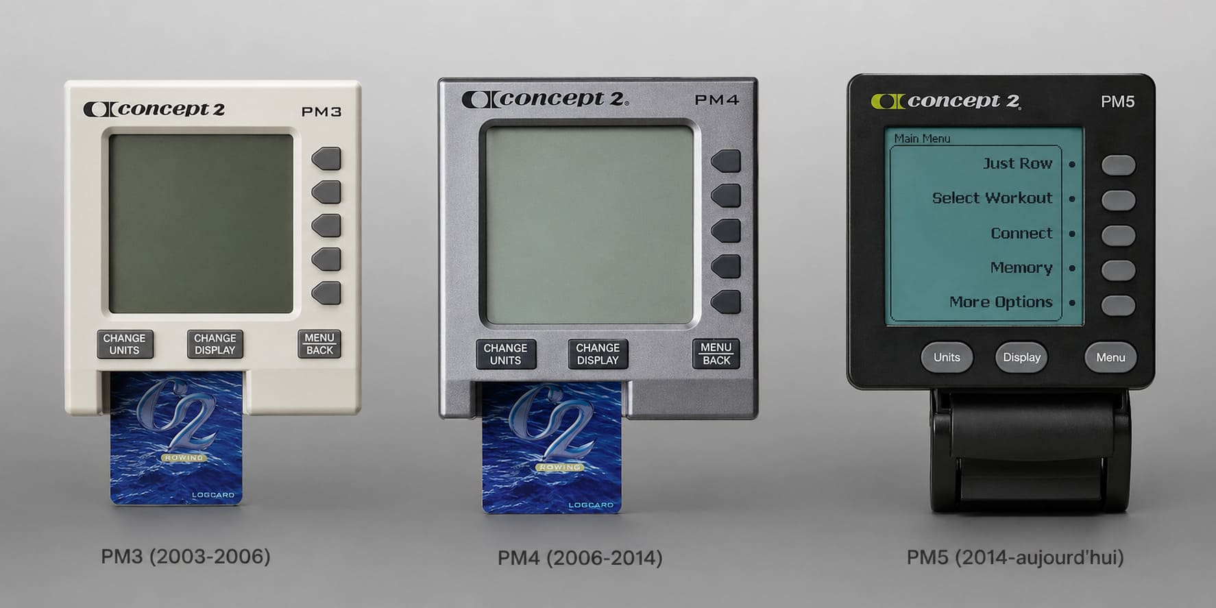 Comparatif visuel des consoles Concept2 PM3, PM4 et PM5 côte à côte