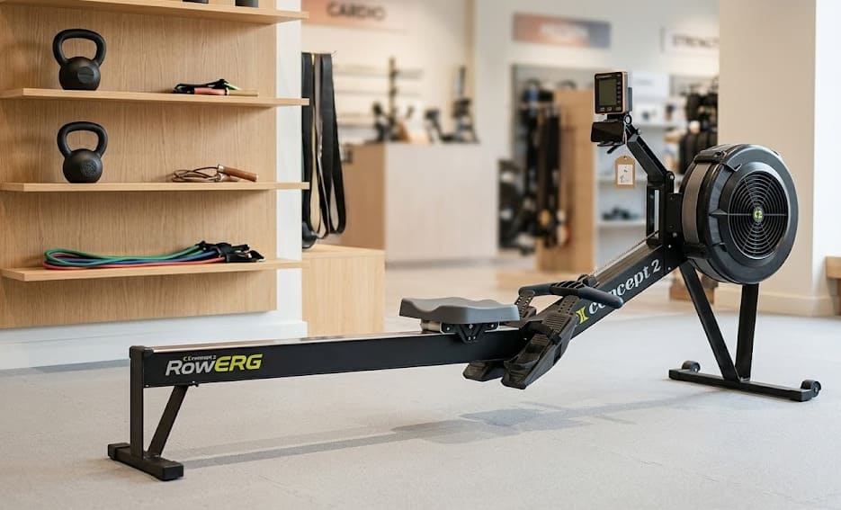 Rameur Concept2 RowErg exposé dans un showroom de matériel de fitness