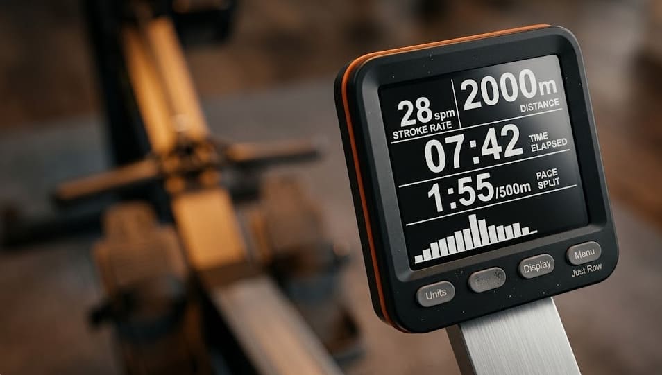 Gros plan du moniteur de performance PM5 Concept2 affichant données de séance en temps réel
