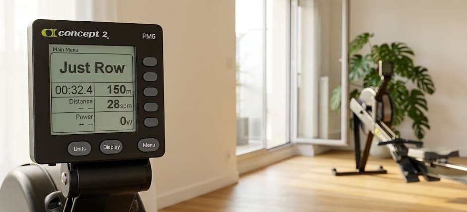 Console PM5 Concept2 sur rameur RowErg en appartement clair