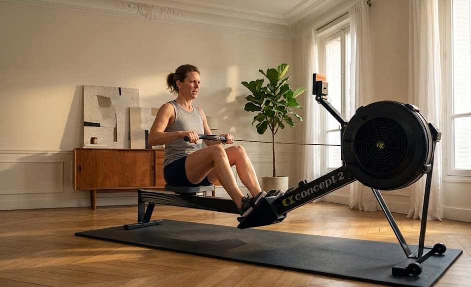Femme s'entraînant sur un rameur Concept2 RowErg dans un salon parisien, parquet chêne et tapis de sol insonorisant visible