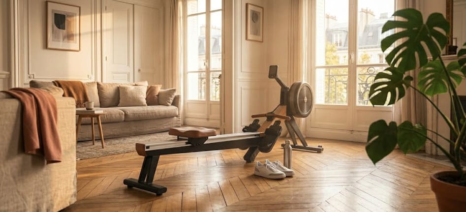 Rameur d'appartement dans un salon parisien au coucher de soleil
