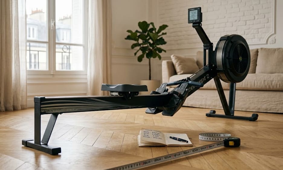 Rameur Concept2 Model D PM5 d'occasion installé en appartement, prêt pour inspection