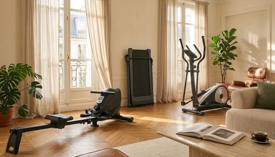 Gamme Fitness Doctor — rameur Shark 2, tapis X Trail 3 et vélo elliptique Dragon III dans un salon parisien lumineux