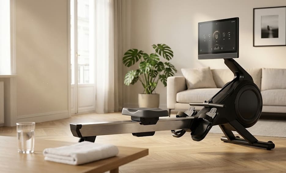 Rameur Nordictrack RW900 avec écran tactile 22 pouces dans un intérieur lumineux