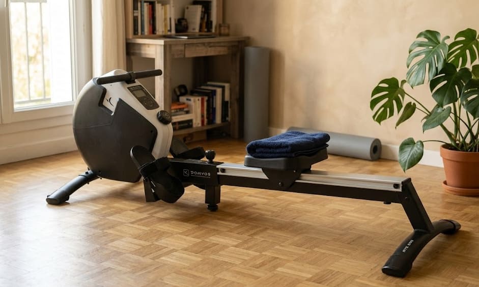 Rameur Domyos RTC 690 dans un séjour appartement, lumière douce, ambiance entraînement domestique