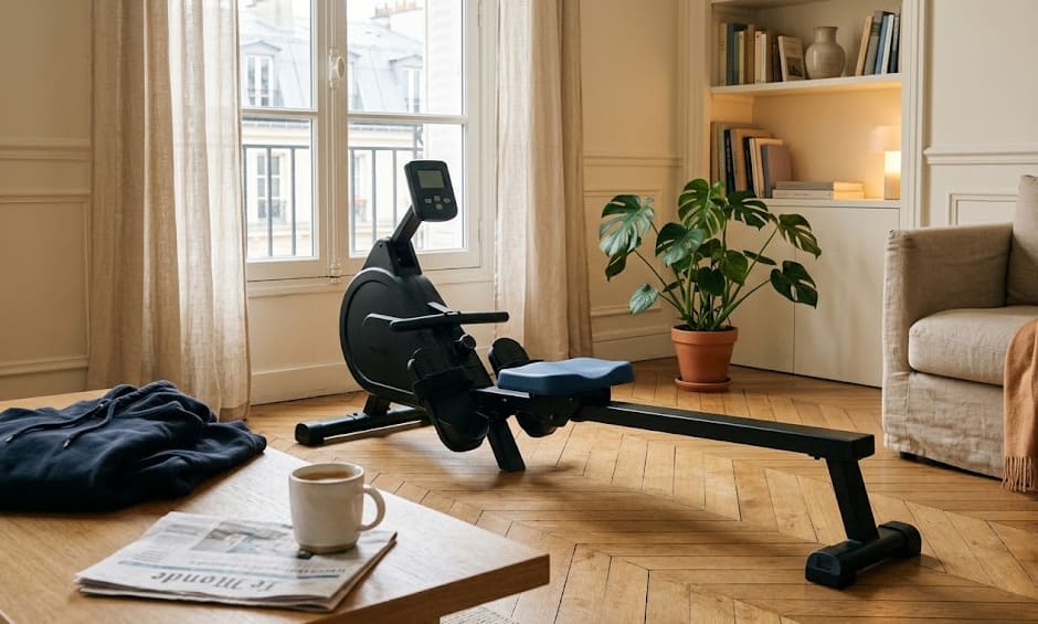 Rameur d'appartement budget dans un salon parisien lumineux