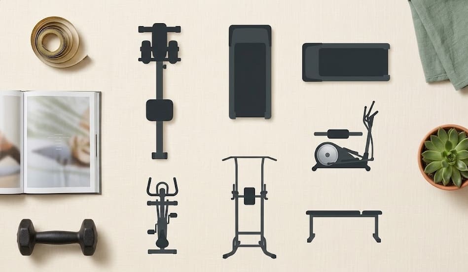 Gamme Fitness Doctor en flat lay — rameur, tapis de course, vélo elliptique, vélo d'appartement, station de musculation et banc disposés sur fond crème